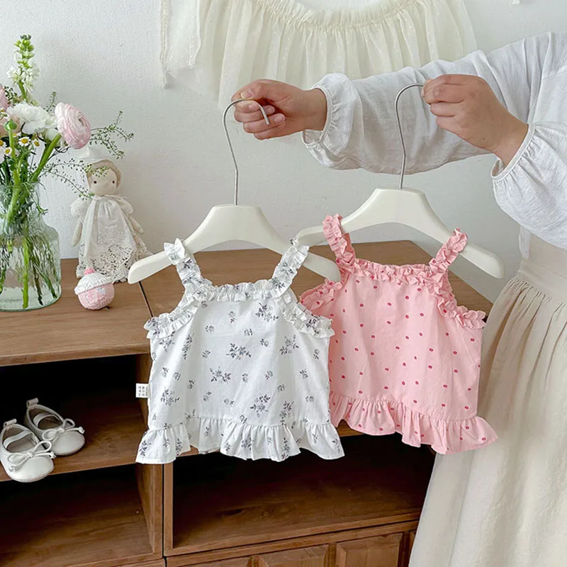 2026 Summer Baby Halter Tops 9M-3T Loose Korean Infant Vest Sweet Floral Boys Spaghetti Strap Top Girls Clothes