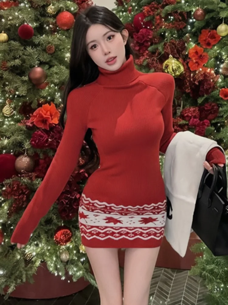

Christmas New Year Red Knitted Dress Women's Autumn Winter Slimming Short Skirt High Collar Inner Wear Sweater Dress Commute ...