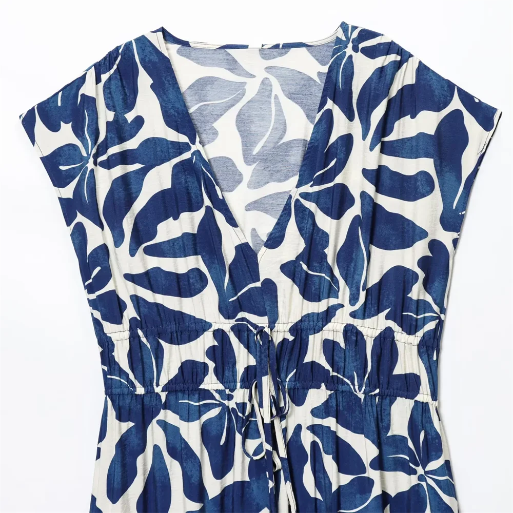 BM&MD&ZA2025niche temperamento decote em V sem mangas plissado cintura design flor impressão vestido verão novas roupas femininas