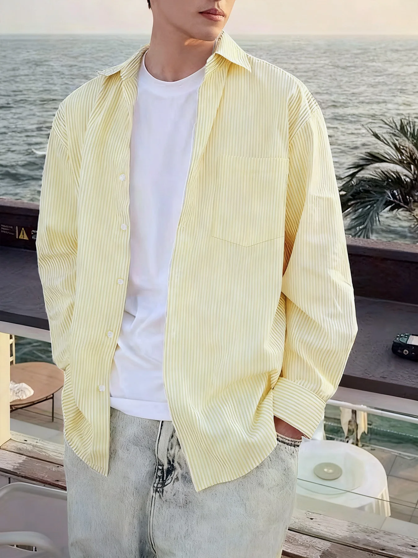 

Мужская полосатая рубашка на весну и осень, модная и универсальная, нишевый дизайн, винтажная полосатая рубашка с длинными рукавами