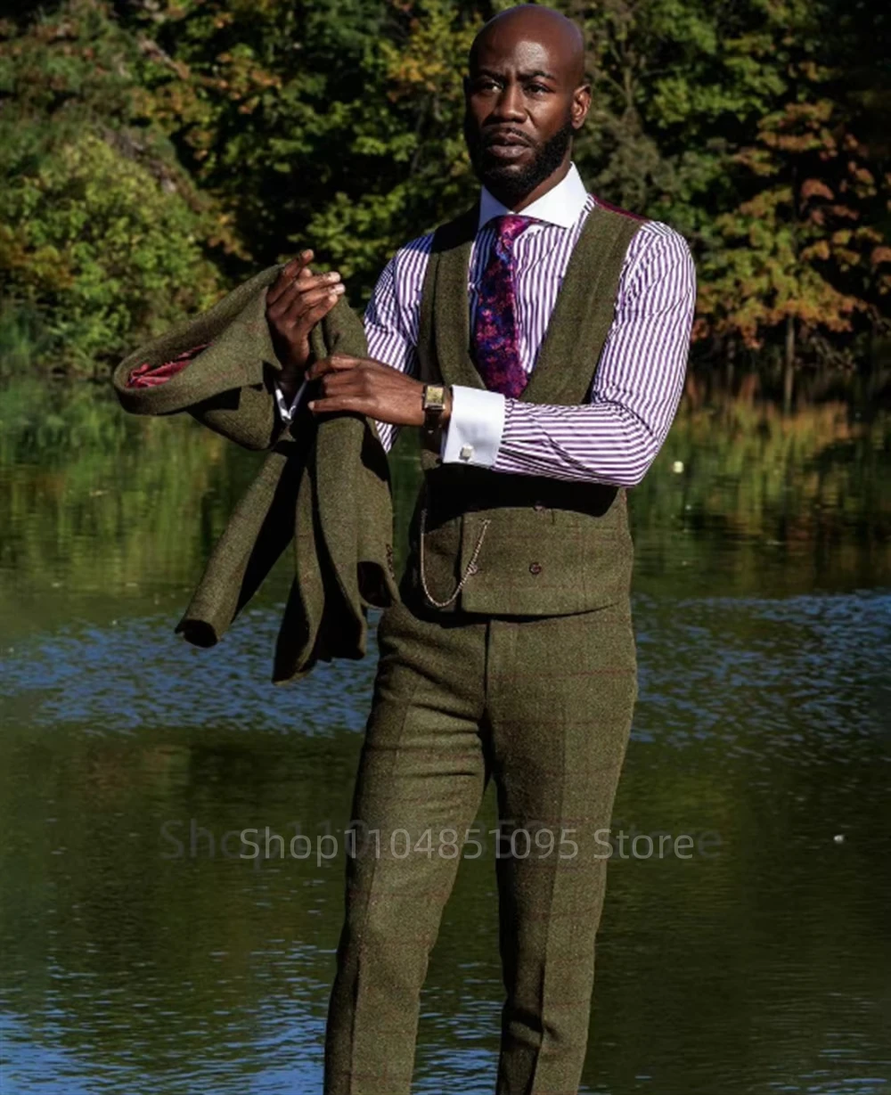 3 قطع من الصوف الأخضر منقوشة الرجال الدعاوى الأعمال الرسمية الشق التلبيب العريس البدلات الرسمية لأنشطة الحفلات الزفاف (السترة + سترة + بانت) #2