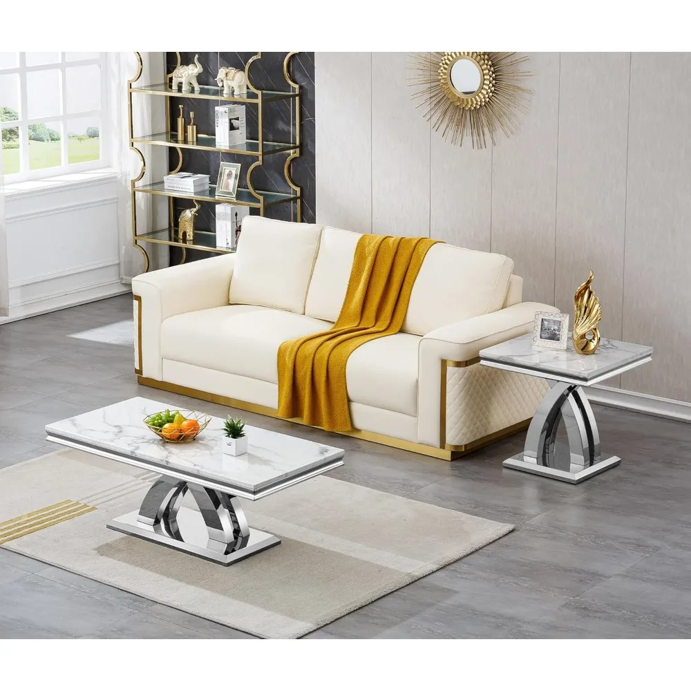 3 Pieces Coffee Table Set, Faux Marble Living Room Table Set of 3, Modern Coffee Table and 2 End Tables with X-Shaped Stainless