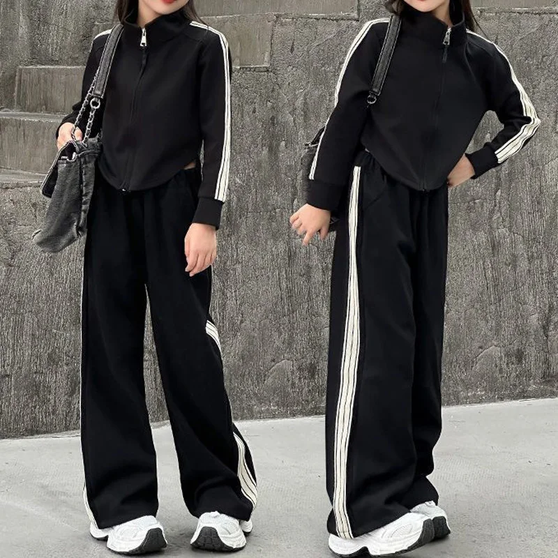 

Fashion Girls Sports Suit Autumn Children Casual 2 Piece Outfits Teenager Spring Long Sleeve Jackets Wide Leg Pants Kids Clothes
