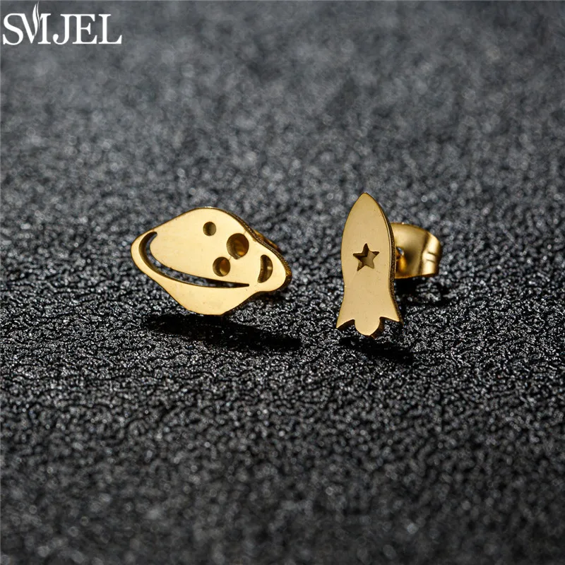 Trendy Stainless Steel Planet Rocket Stud Earrings for Women Personality Asymmetric Ear Jewelry Tiny Space Earings Unique Gift