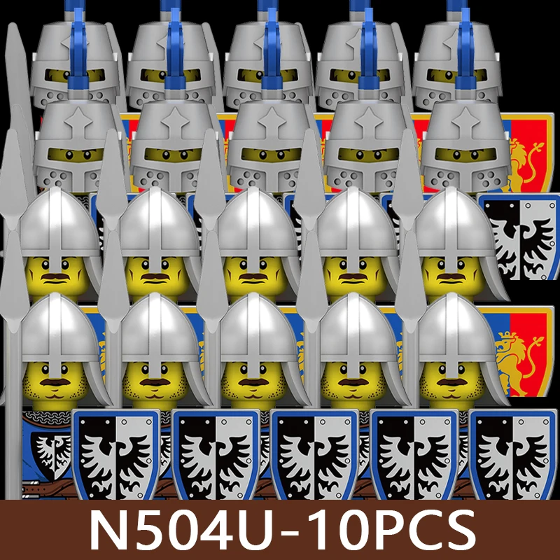 Medieval Castle UV Printed Soldier Figures Building Blocks Military Knight Warrior Spear Lion King Shield Accessories Bricks Toy