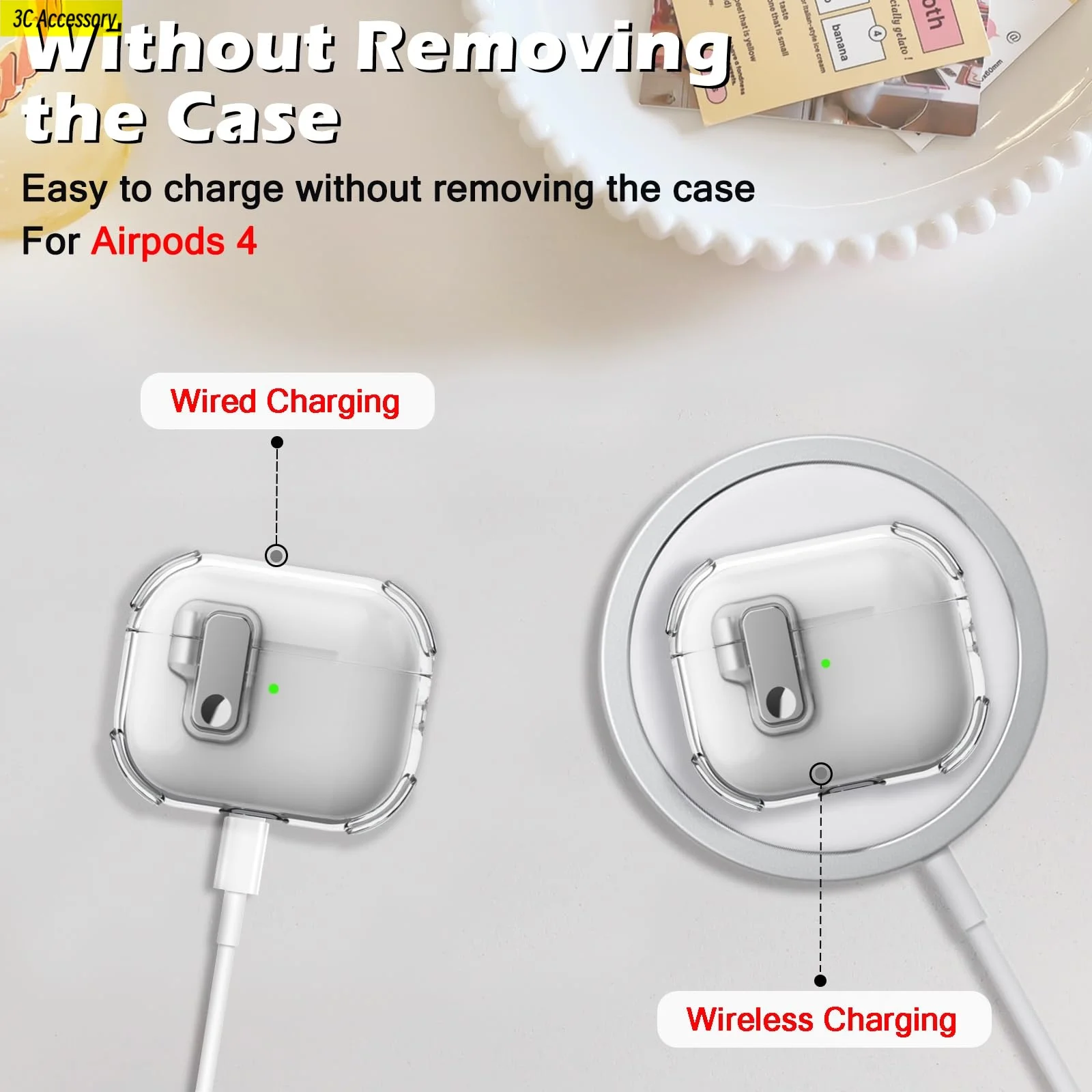 Custodia per AirPods 4 2024 Design con blocco sicuro Coperchio ribaltabile automatico TPU Paraurti traslucido Custodia antiurto per AirPod4 Pro con moschettone
