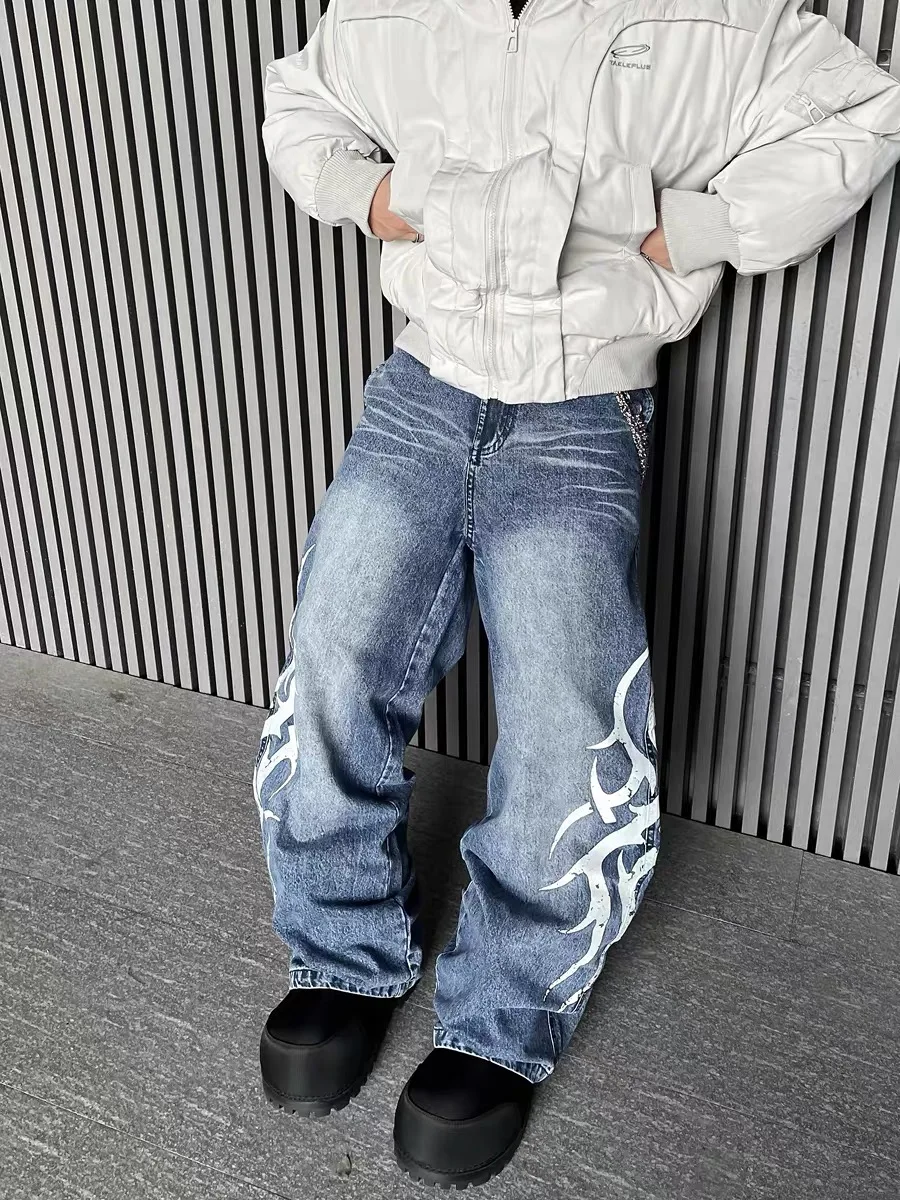 

Ретро-джинсы с американским тотемным принтом, повседневные винтажные прямые широкие брюки унисекс, свободного кроя, для пар