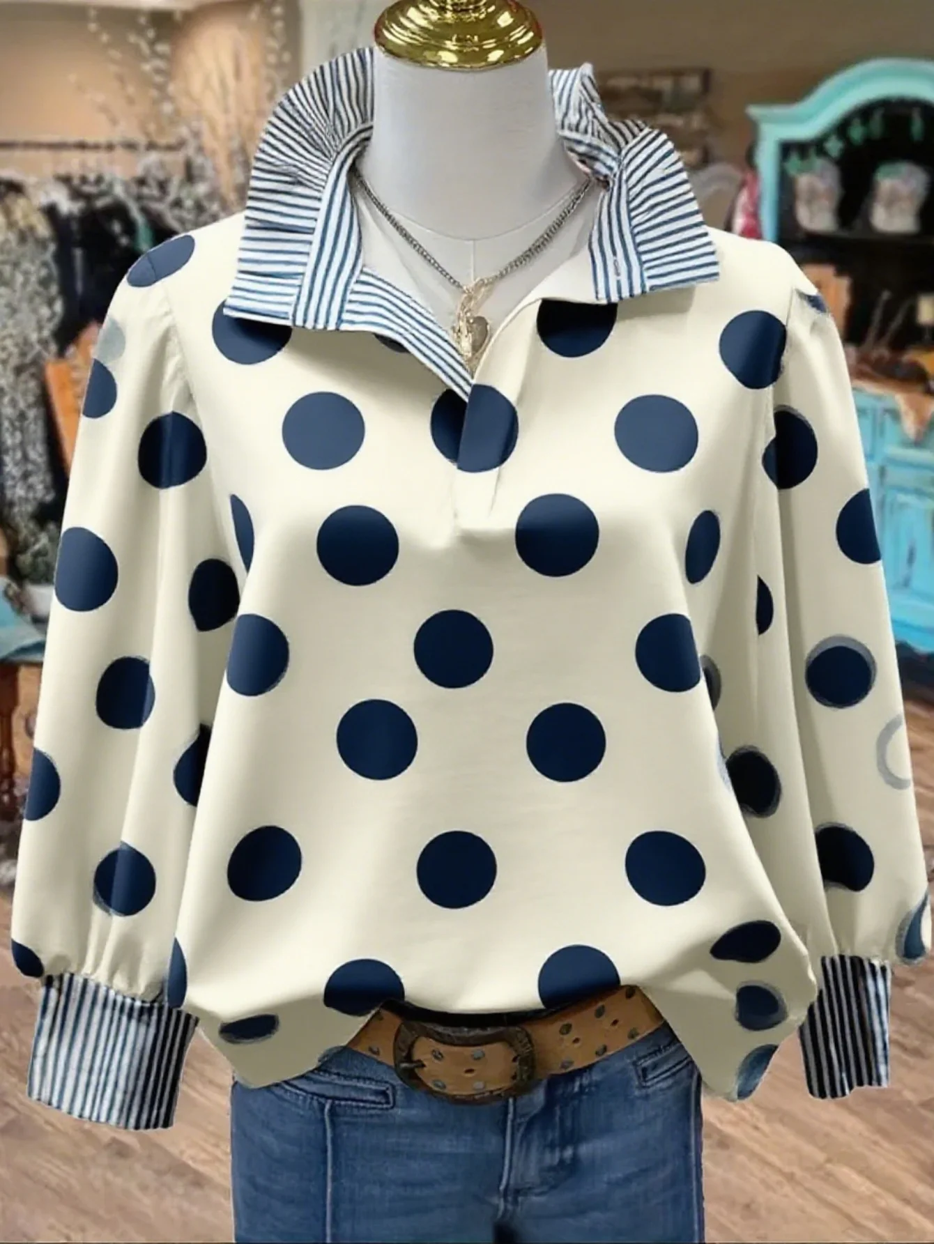 

Spring and Autumn Winter Collection Women's Stand up Collar Long Sleeve Shirt,With collar and bohemian black lantern print