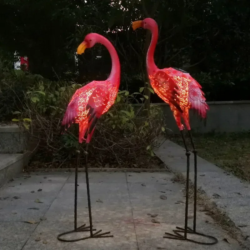 Outdoor wrought iron animal ornament garden grass floor decoration solar light luminous flamingo