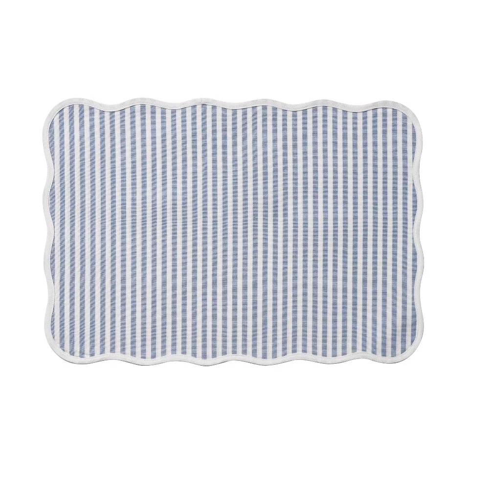 Blue and White Striped Cotton Table Placemat Set of 4 or 6, Reversible Washable Kitchen Dining Room Mats, Decorative Scalloped Edge Place Mats for Dinner Table, Farmhouse Coastal Home Decor, 20x14 Inches