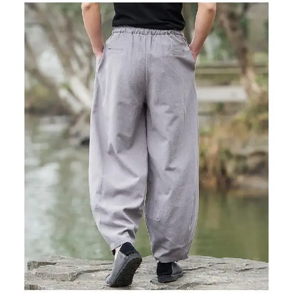 Pantalones casuales de lino de estilo chino Pantalones largos de pierna ancha sueltos retro