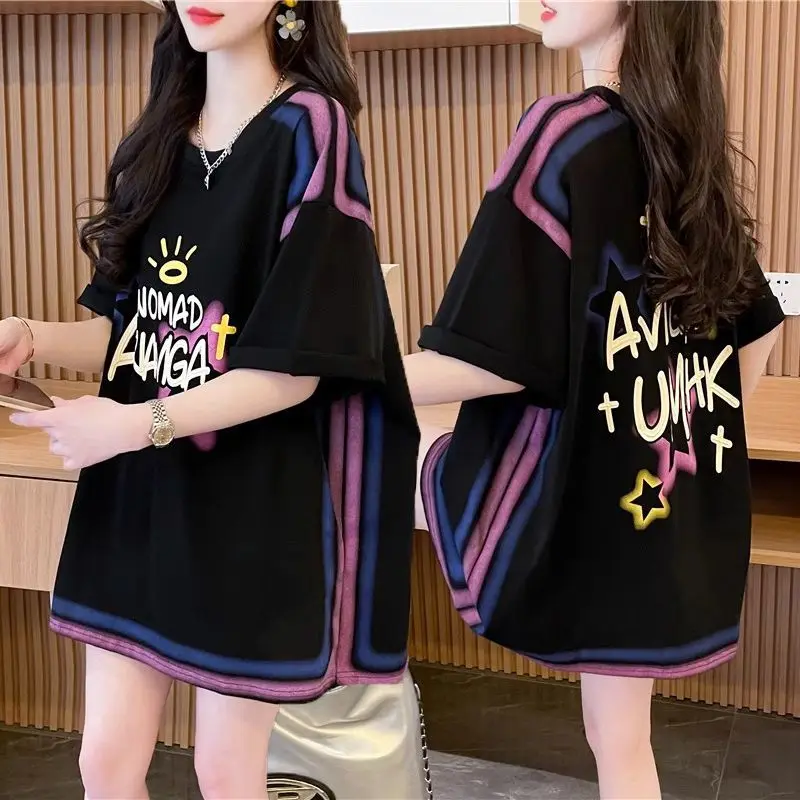 Fashion Letter Printed Loose Pullovers Female Clothing Casual Bright Line Decoration Summer Young Style Korean O-Neck T-shirt