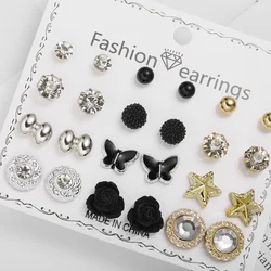 Conjunto de brincos piercing para mulheres, pequena joalheria, combinação, cristal, pérola, borboleta, flor, coração, estrela, mistura, 12 pares