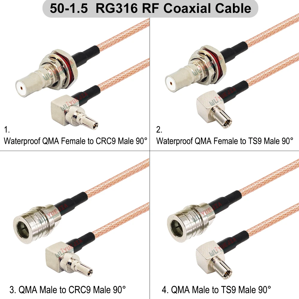 TS9 / CRC9 to QMA Type RG-316 RF Cable Bulkhead QMA Female / Male to TS9 CRC9 Male Right Angle Connector 50-1.5 RF Coaxial Cable