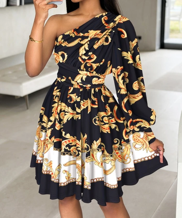 

Elegant Luxury Dress Baroque Print Colorblock One Shoulder Mini Dress 2024 Spring/summer Latest Casual Long Sleeve Short Skirt