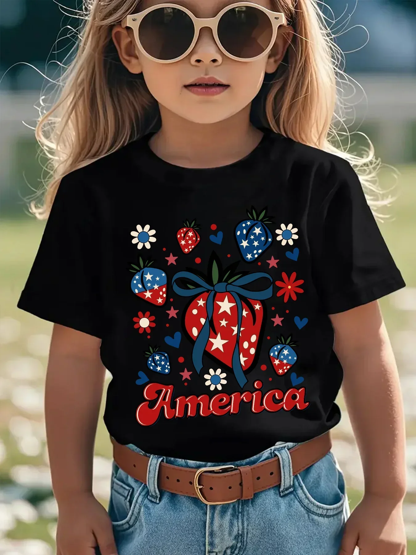 Patriotic 4th of July Kids Tee Flag Themed Strawberry Daisy Heart America Letter Print Girls Holiday Short Sleeve Fashion Top