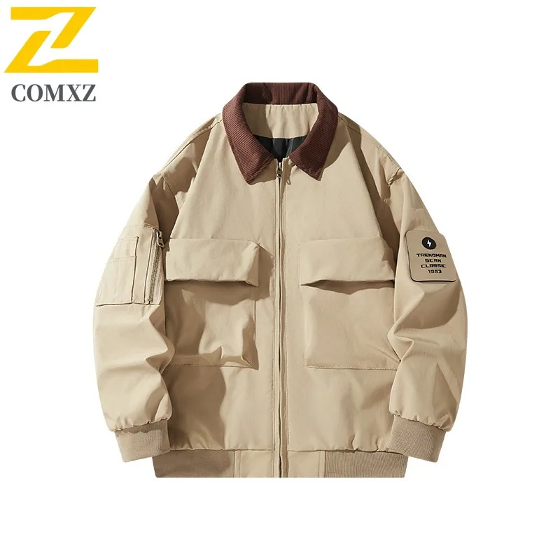 

COMXZ Men Windbreaker Coat Loose Outdoor Cycling Motocross Turndown Collar Multi Pocket Coats Autumn Trendy Minimalist Jacket
