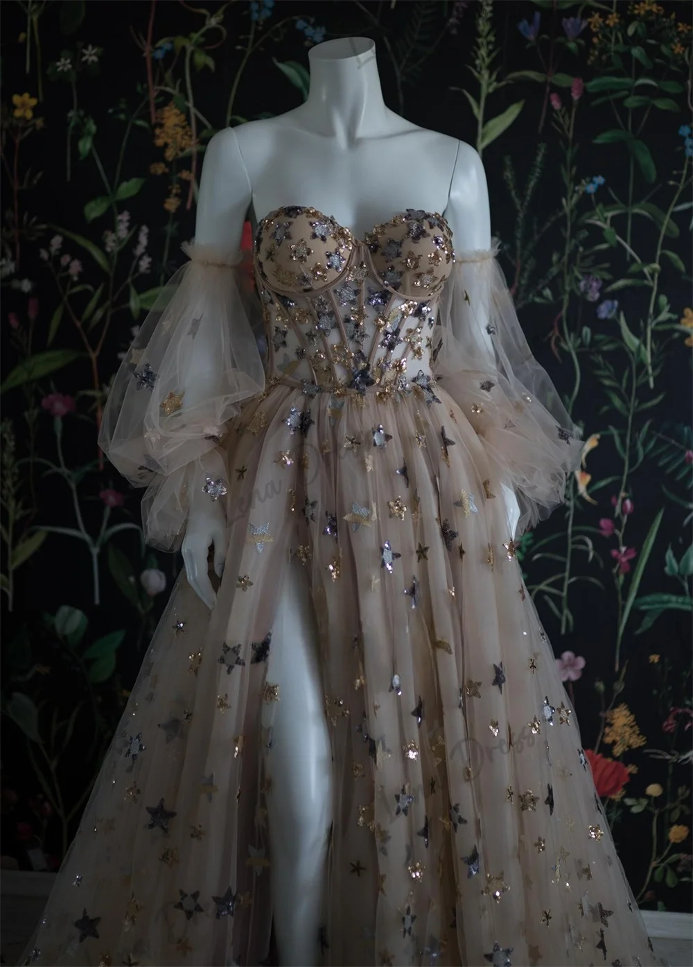 Lena-Bra cut party dress, champagne candy princess fairy tale, starry sky sheer party dress, 2024