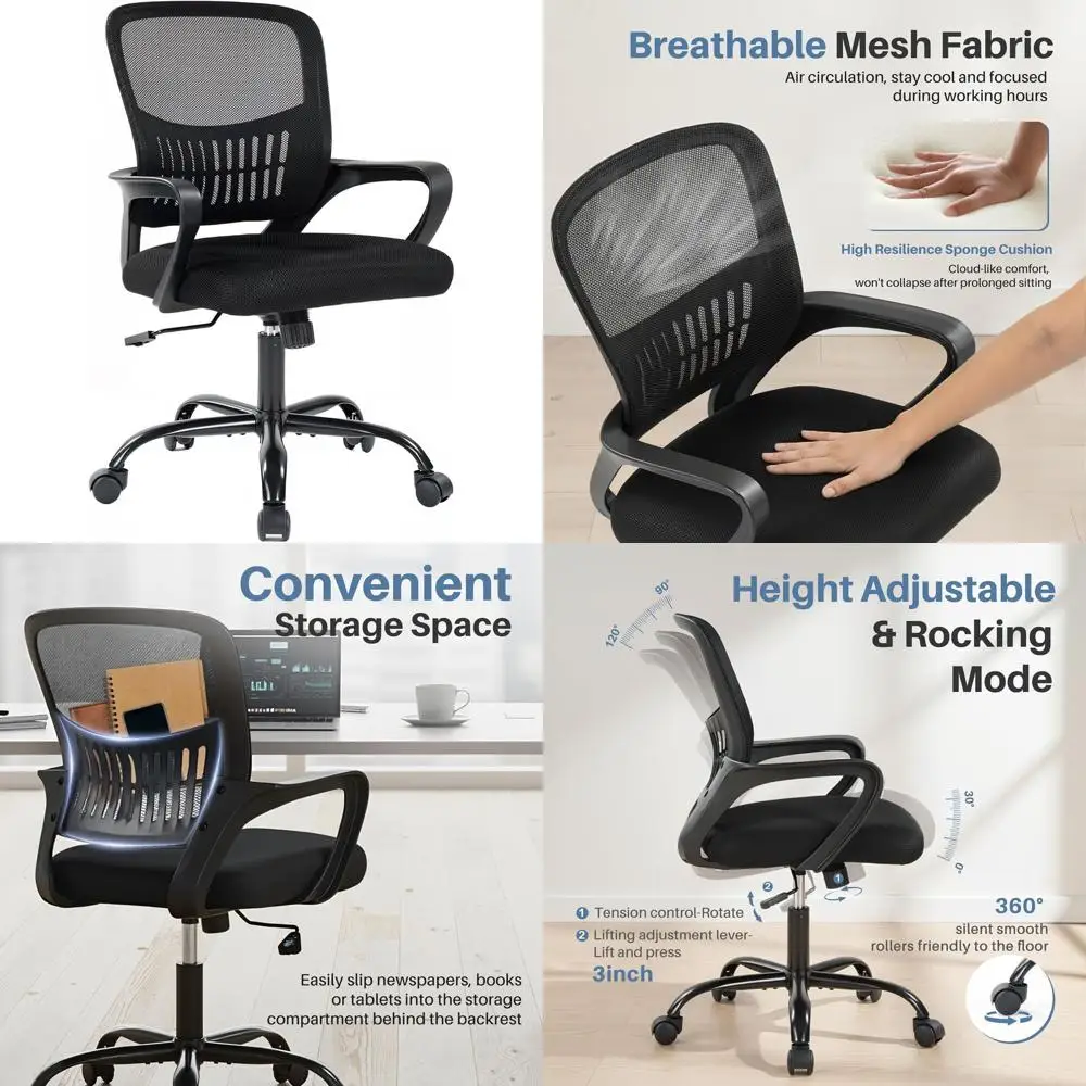 

Ergonomic Desk Chair with Lumbar Support, Adjustable Height, Swivel, and Fixed Armrests for Conference Rooms, Adults, Black