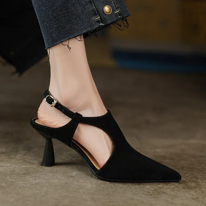 NEW Summer Women Sandals Pointed Toe Thin Heel Shoes Sexy High Heels Elegant Sheep Suede Leather Shoes for Women Party Shoes