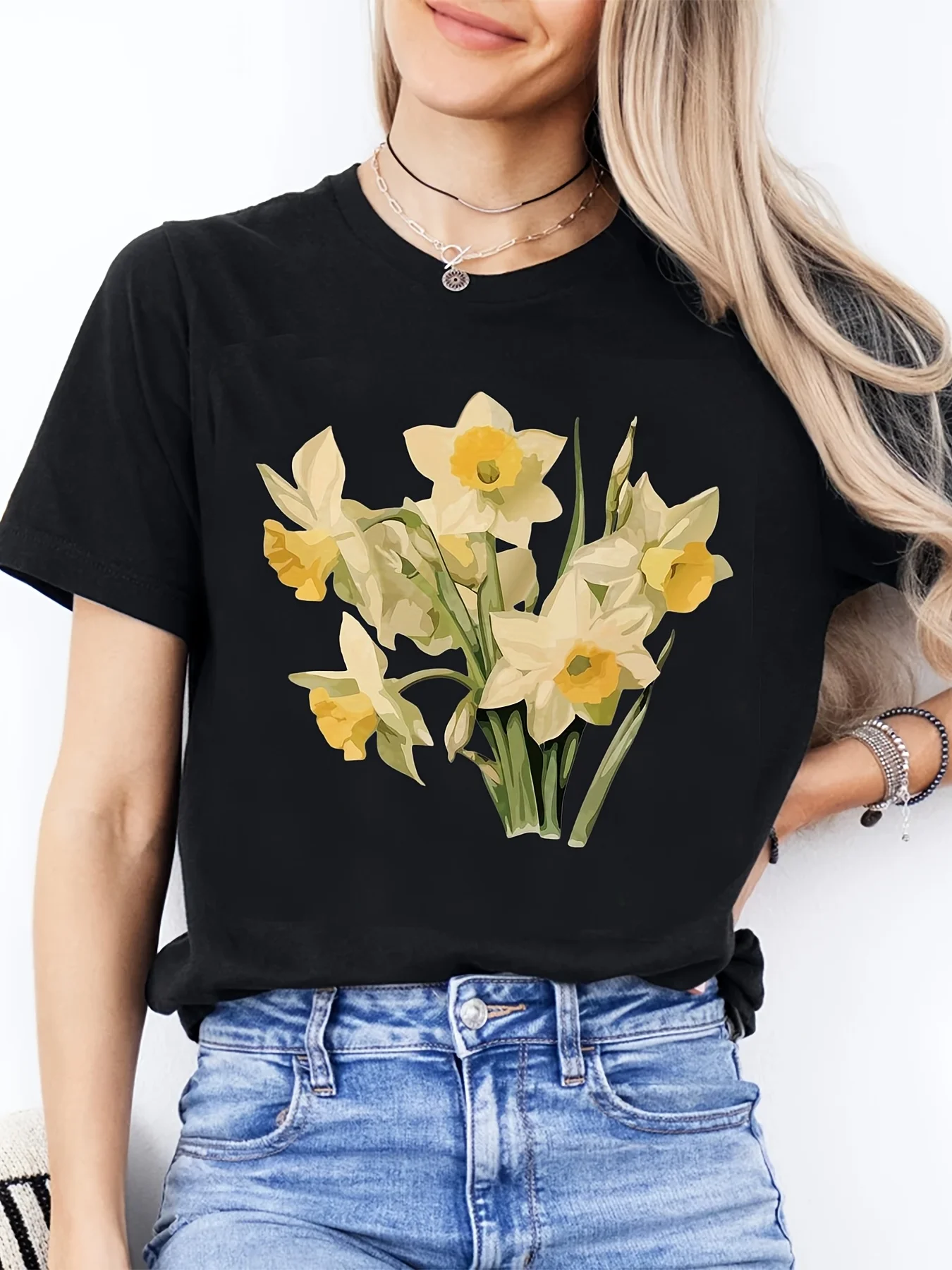 

Women's Short-Sleeve Crewneck T-Shirt with Watercolor Tulip Print Casual Blouse Summer Short Sleeved Harajuku Streetwear Tops