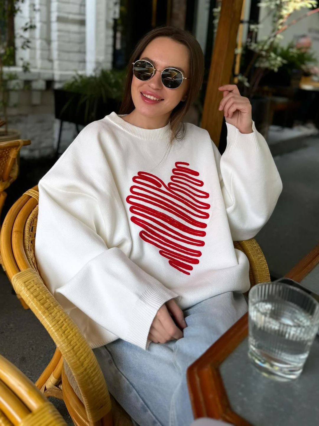 Deeptown Oversized Love Heart Graphics Embroidery Sweater Women Sweet Pink White Knitted Pullover Casual Jumper Long Sleeve Tops