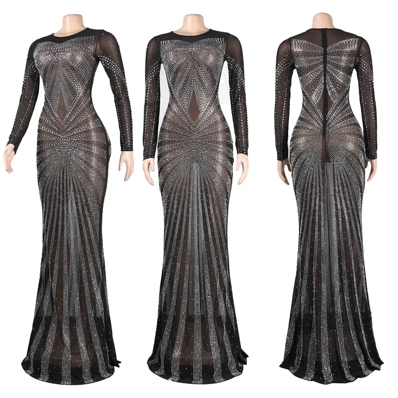 เซ็กซี่คริสตัล Rhinestones Mermaid ชุดราตรีผู้หญิง Luxury Club Party Night ตาข่าย Sheer Bodycon Maxi ชุด Elegant