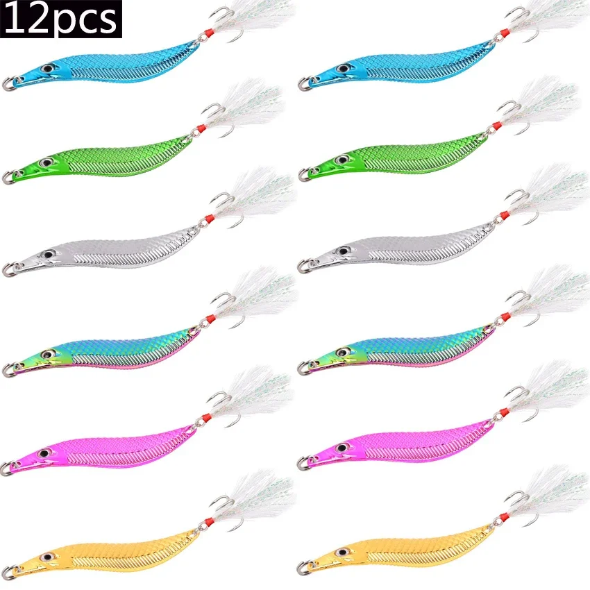 12pcs Metal VIB Leech Spinners Spoon Lures 7g 10g 15g 20g Artificial Bait Feather Hook Night Fishing Tackle for Bass Pike Perch