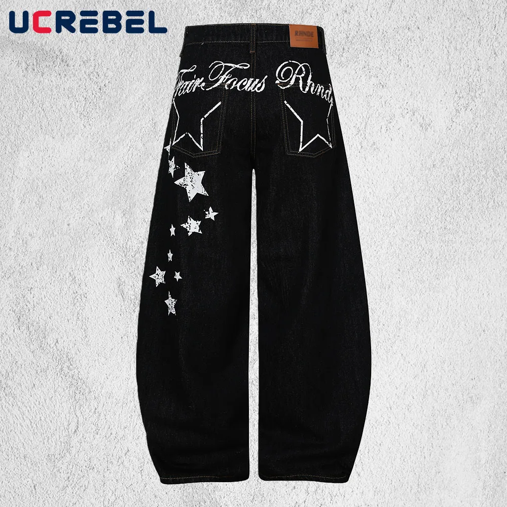 Star Letter Print Banana Jeans Mens Spliced Y2k Streetwear Distressed Baggy Wide Leg Denim Pants Man