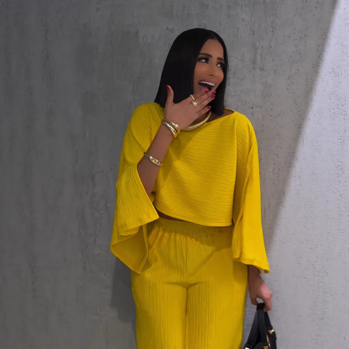 Conjuntos De Mujer 2 Piezas Elegante Round Neck Solid Color Oversized Short Top Wide Leg Trousers Suit Women's Pantolon Setleri