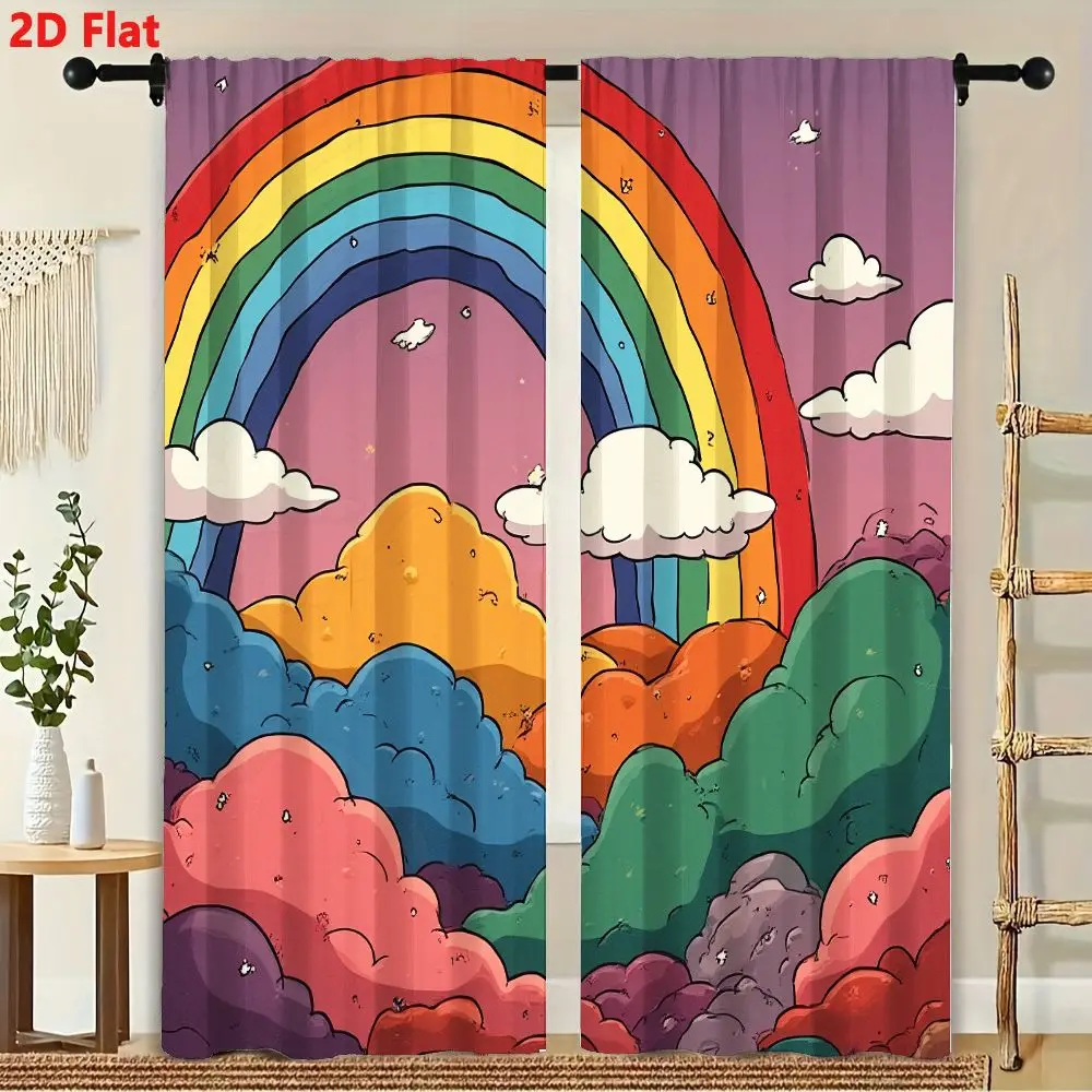 2Pcs Curtains 2D Flat Cartoon-Style Whimsical Landscape With Large Rainbow And Multi-Colored Fluffy Clouds Under Light Purple Sk 3