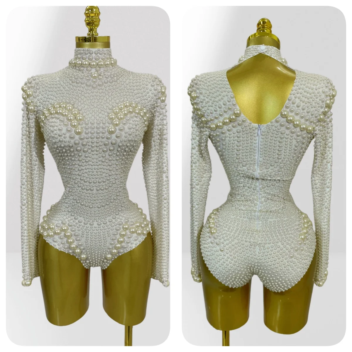 

2026 New Luxury White Pearl Sexy Tight-fitting Long Sleeve Bodysuit Celebrate Birthday Nightclub Show Photo Shoot Wear