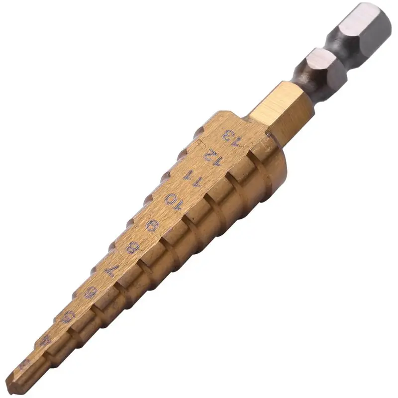 

A98E-5Pcs 1/4 Inch Hex Shank HSS High Speed Steel Titanium Coated Step Drill Bit 3-13Mm