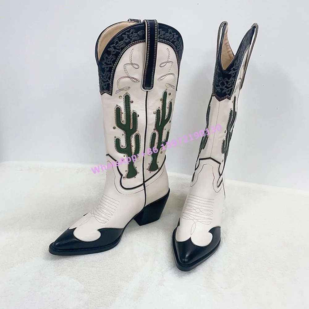 Embroidered Cactus Knight Boots Rivet Pointy Toe Square Heels Slip On West Style Knee High Boots Hotties Retro Punk Cool Shoes