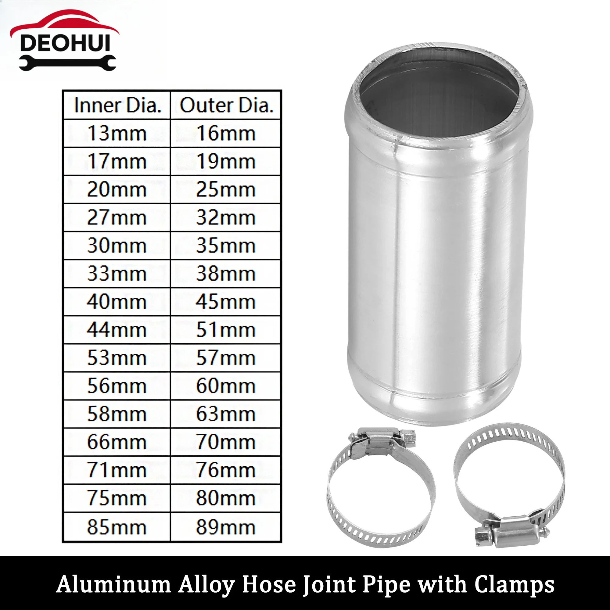 CSDOH 76mm Length Intercooler Pipe Aluminum Alloy Hose Joint Pipe Set with 2 Clamps OD 16mm-102mm 0 Degree Straight