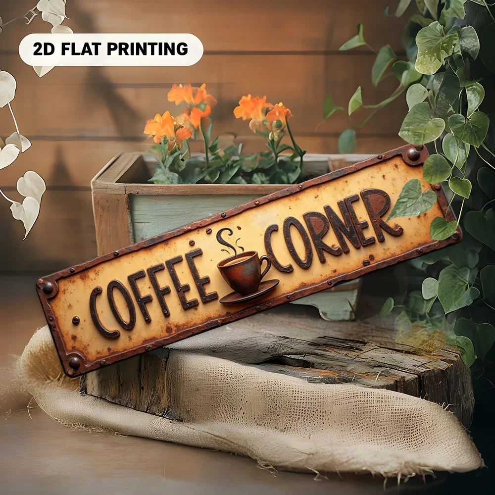 2D Flat Eye-catching Wall Mounted Aluminum Plaque, Vintage Coffee Cup Letter Home Cafe Decor