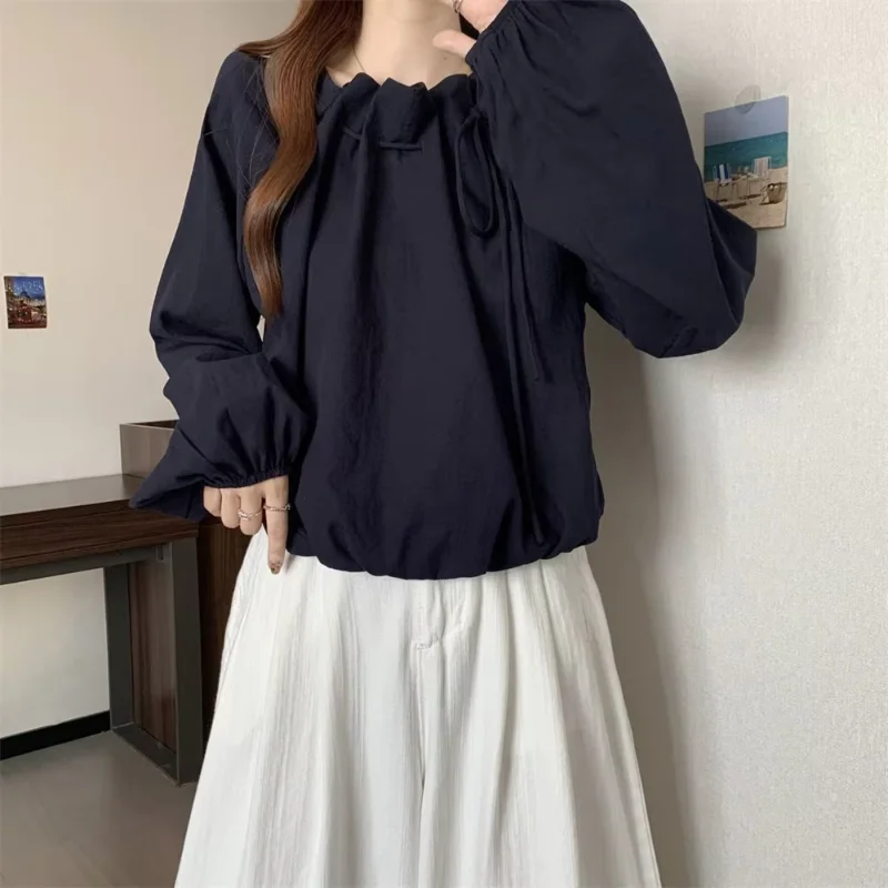 Korean Style French Fashion Casual Blouse Drawstring Loose Shirt Women's Lantern Long-sleeved Tops Spring Autumn New