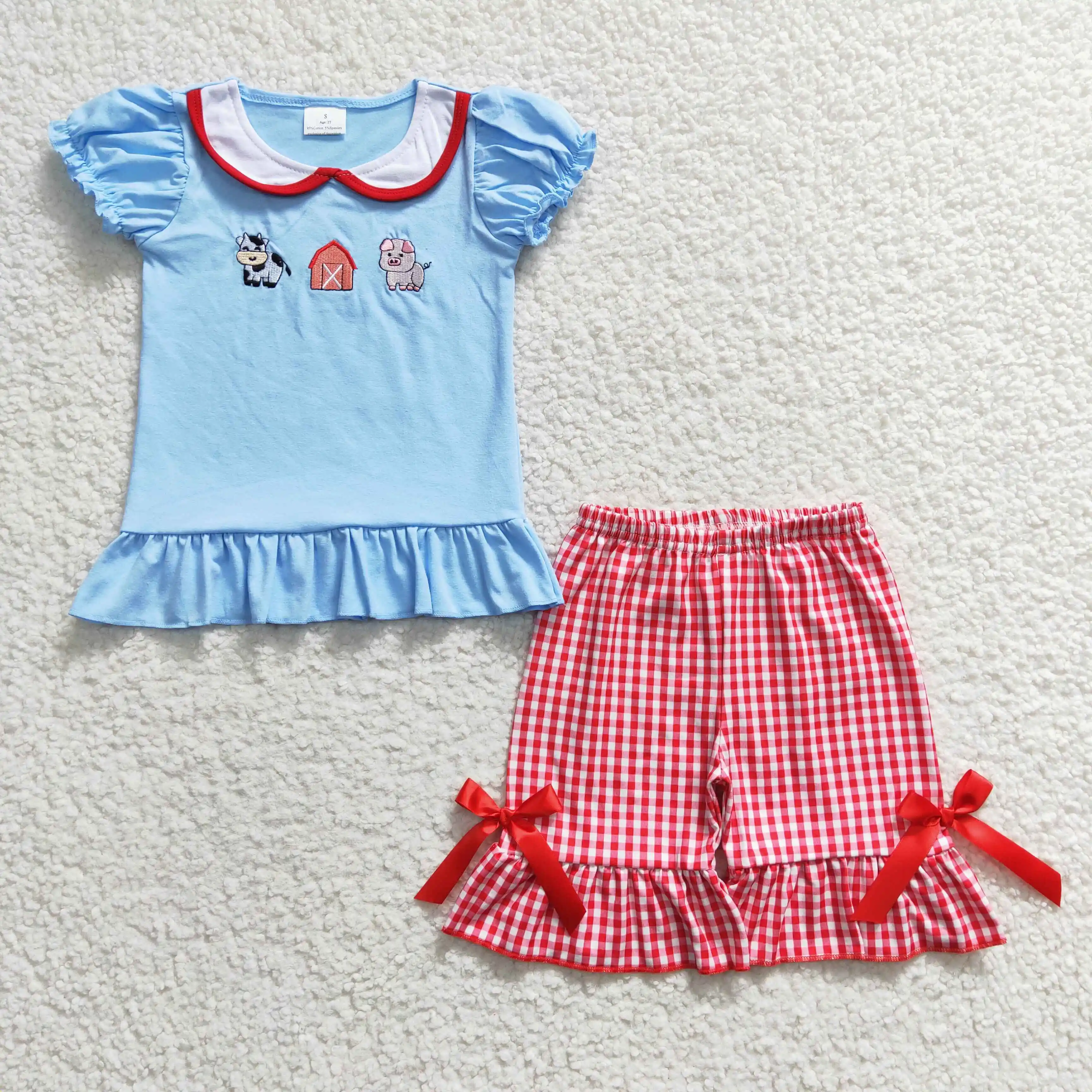 Embroidery Farm Cow Piggy Smocked Bow Decor Print Short Sleeve Shirt Girls Shorts Outfit Boutique GSSO0200