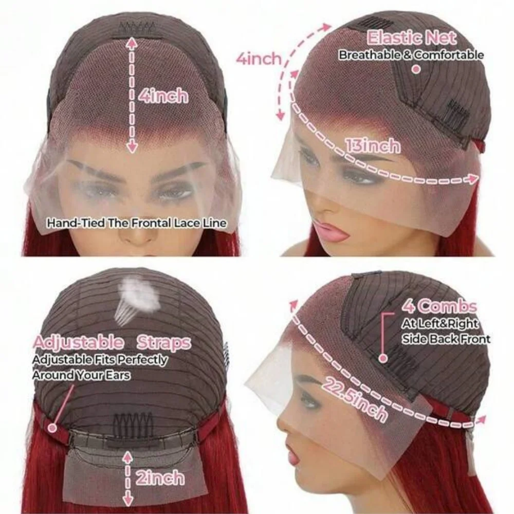 30 Polegada 99j borgonha vermelho 13x4 perucas dianteiras do laço reto cabelo humano 99j 13x4 perucas frontais do laço transparente para mulher 200% densidade