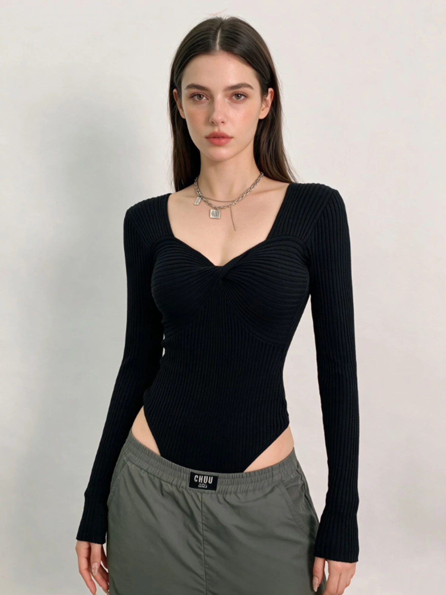 Women's Pink Square Neck Knit T-shirt Bodysuit Fashion Casual Elegant Y2k Gyaru Romper Long Sleeve Knit Jumpsuit for Women 2026