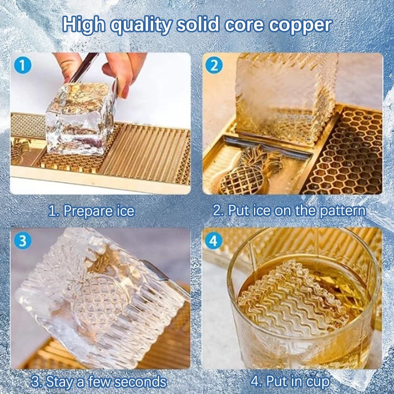 Ice Cube Stamping Plate Brass Craft Ice Stamp Molds Pineapple Wave Pattern For Making Whiskey Cocktails Bartender Accessories