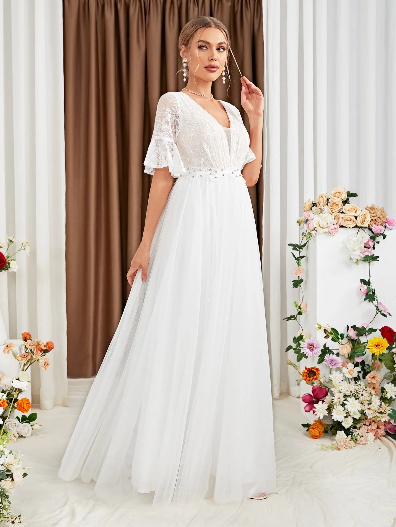 UNITHORSE Vestido de novia blanco con paneles de encaje, falda para dama de honor, elegante vestido de tul para la parte superior del cuerpo de UNITHORSE