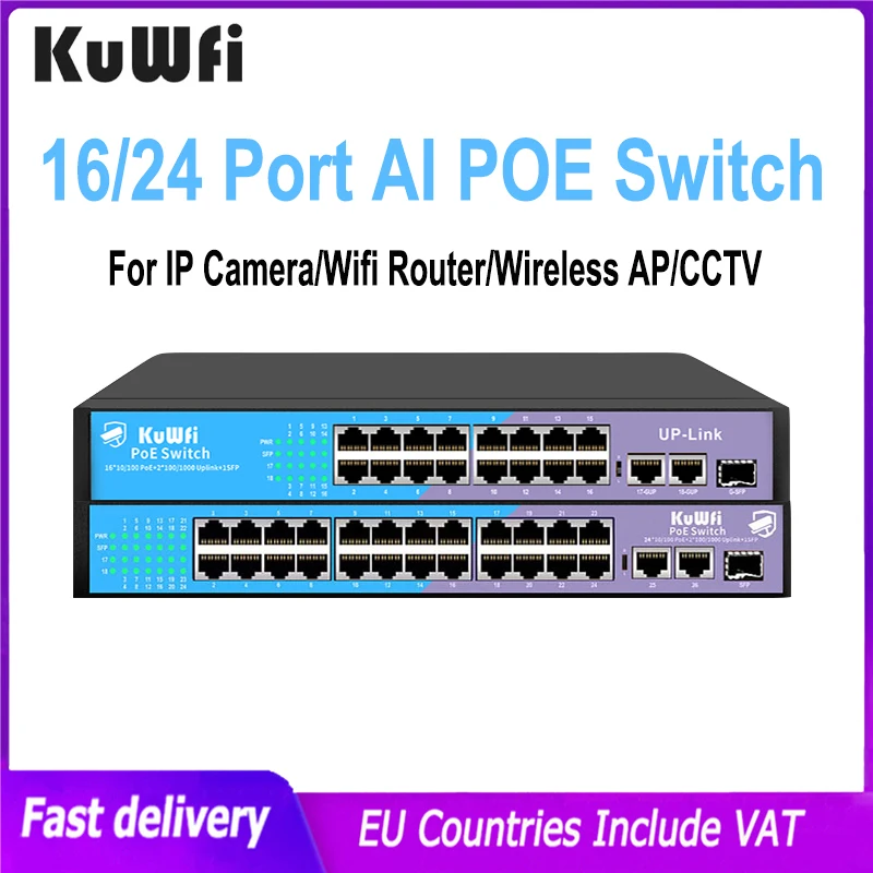 

KuWFi 16/24 Port PoE Switch 10/100Mbps AI Network Switch 2*UP Link Rj45 Lan для IP камеры /Wireless AP/CCTV камеры безопасности