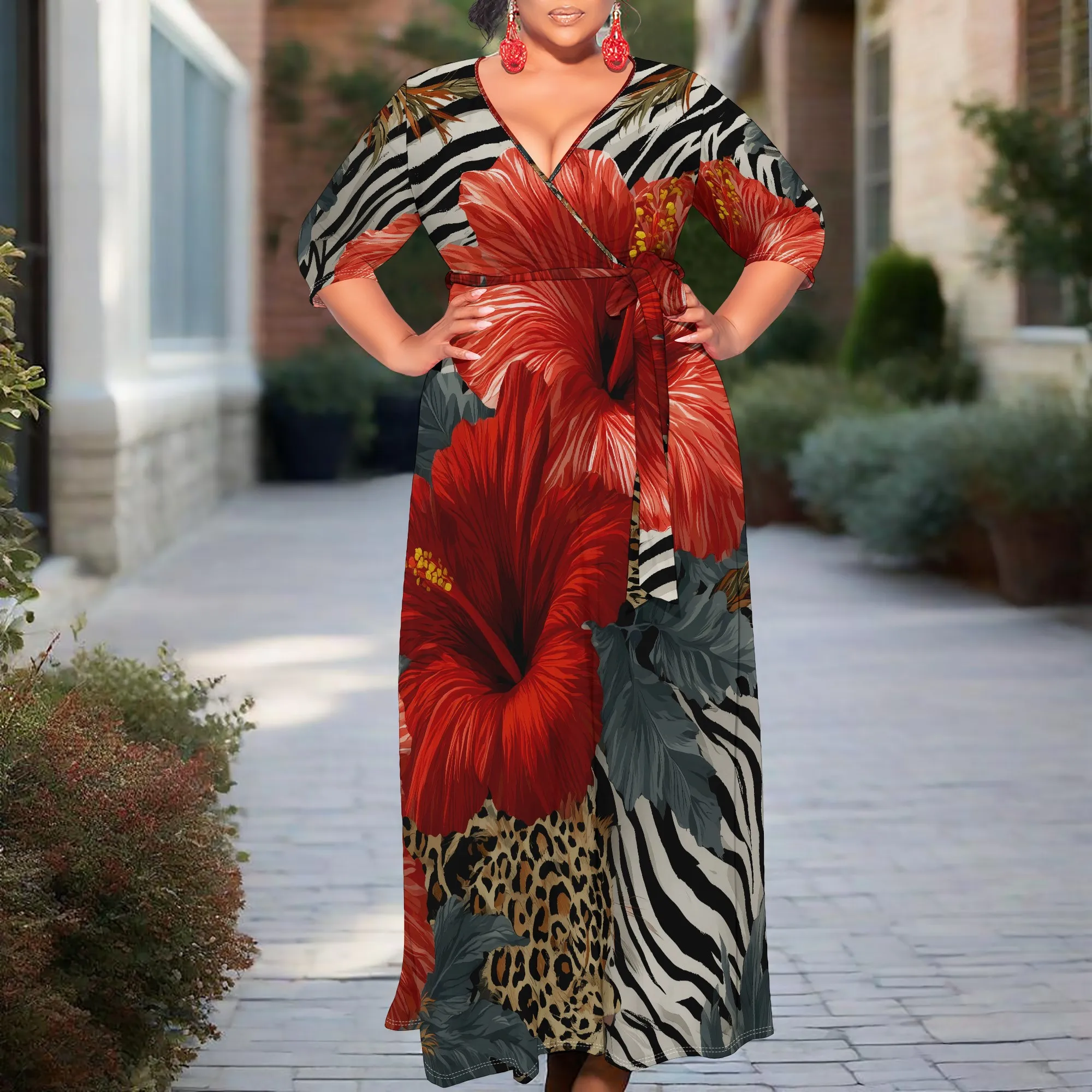 

Tropical Hibiscus & Animal Print Maxi Dress XL-6XL V-Neck Wrap Style with Belt for Resort Dinner, Safari Party or Afro Event