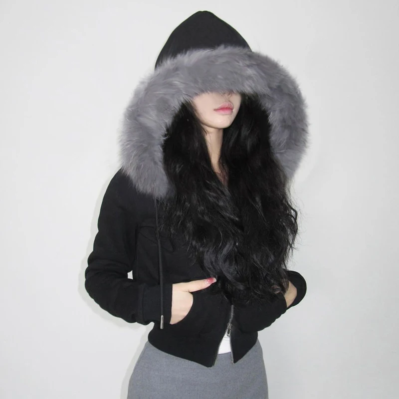 CIBBAR Furry Hooded Coat Women Casual Pockets Sweatshirts Autumn Winter Zip Up Cropped Hoodies Streetwear y2k Outerwear Vintage