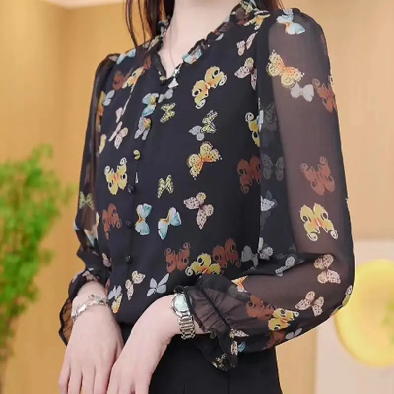 Spring Autumn Fashion Printing Women's Clothing V-neck Long Sleeve Blouse Edible Tree Fungus Floral Button Loose Simplicity Top