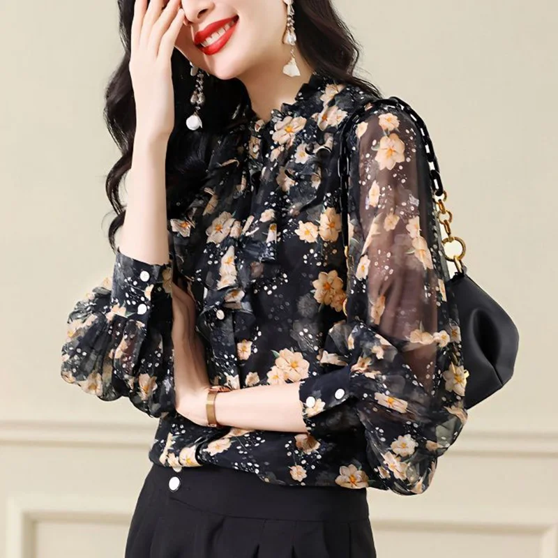 Camisa con estampado Floral para mujer, blusa holgada de gasa con volantes, cuello levantado, Estilo Vintage, informal, para oficina, Otoño, 2023