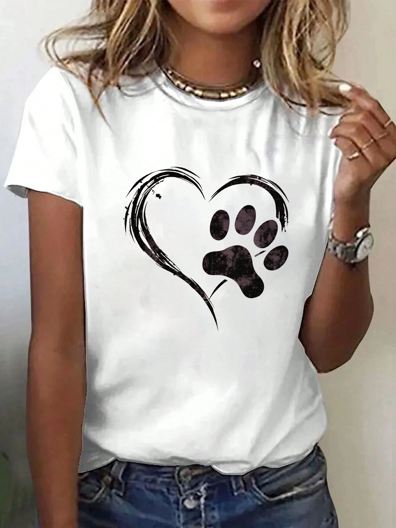 

Женская футболка больших размеров с принтом сердца и лапы, модная и элегантная