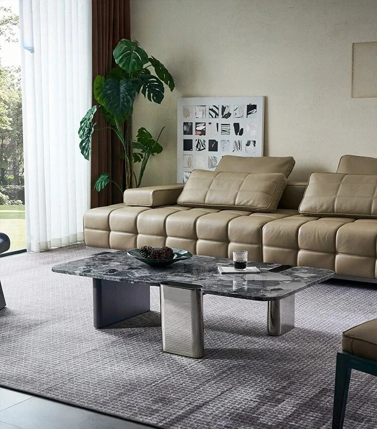 A minimalist high-end brushed minimalist natural marble black titanium brushed living room coffee table