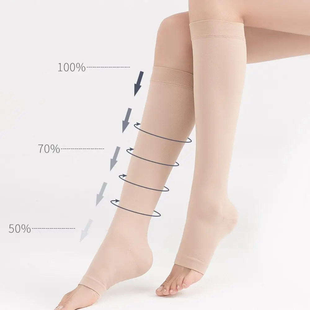 

Женские компрессионные гольфы до колена с открытым носком из химического волокна для облегчения боли при варикозном расширении вен